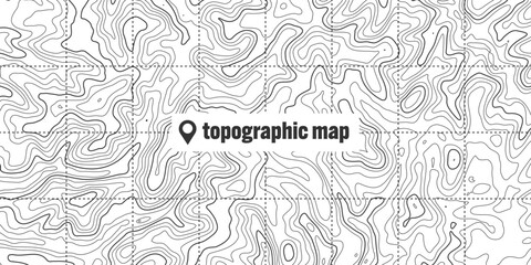 Topographic map with contour lines. Geographic terrain grid, relief height elevation. Ground path pattern. Travel and navigation, cartography design element. Vector illustration