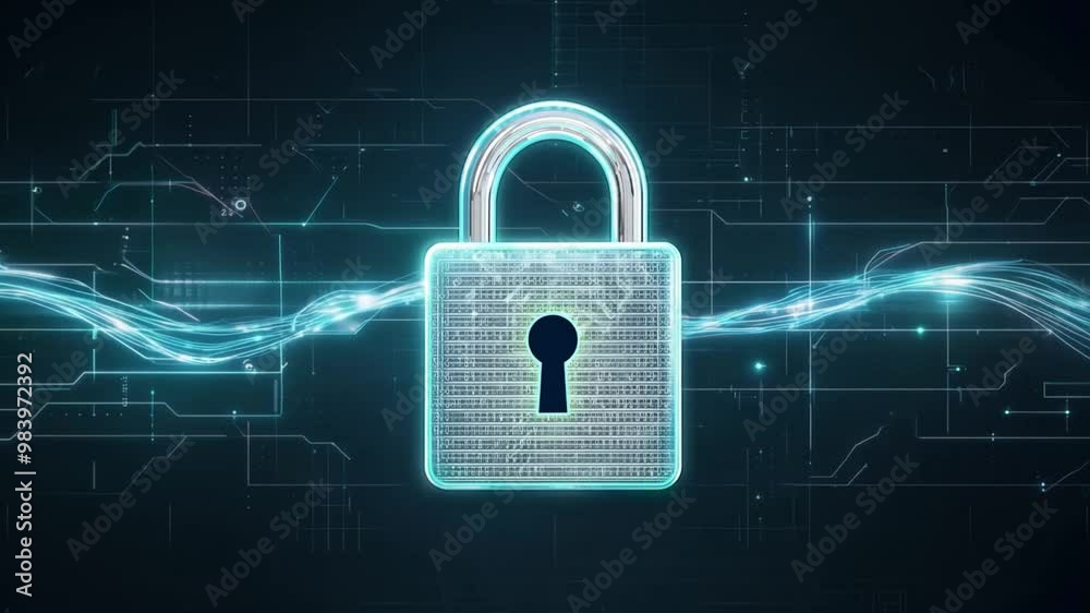 Poster This visual features a digital lock illuminated by blue and green light, set against a dark backdrop. It represents themes of cyber security and data protection in today's technology landscape.