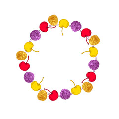 Circle frame with raspberry and cherry. Hand drawn round line border, leaves and flowers, wedding invitation and cards, logo design and posters template. Elegant minimal style floral vector isolated