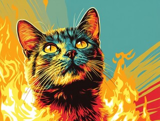A stylized poster of a majestic cat, rendered in vibrant colors and featuring an artistic twist with flames.