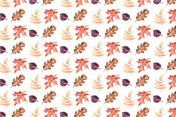 Autumn leaves. Simple seamless pattern of oak, maple and birch leaves in orange and red tones on white background. Hand drawn watercolor illustration for fabric design, wrapping paper