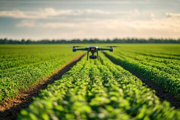 A drone equipped with a camera flying above neatly planted rows of crops in a vast field,