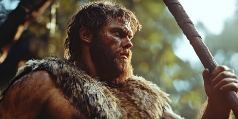 Man in wilderness with beard, holding spear, dressed like warrior, looking fierce.