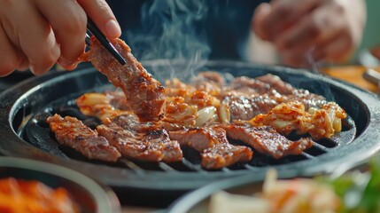 A chef prepares Korean-style sizzling meat, cooked on a traditional grill in an outdoor food market.