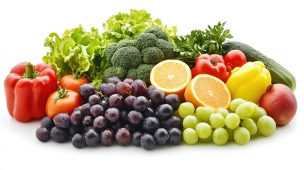 Healthy lifestyle concept close-up view of fresh fruits and vegetables neatly arranged in a vibrant display with bright colors on a clean white background