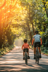 Father and son riding bicycles together on a tree-lined road at sunrise
