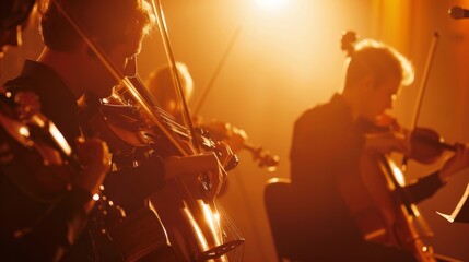 Fototapeta premium Classical musicians playing violins in warm light, creating beautiful music at a live concert. A moment of harmony and emotion.