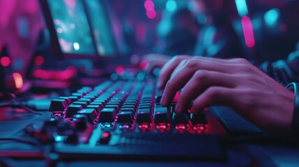 The person is playing a game on their computer, with their hands typing on the keyboard. The environment appears to be a gaming setup, suggesting an intense focus and engagement with the game.