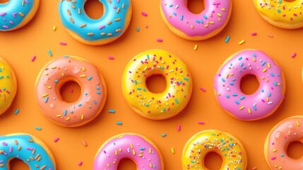 Brightly colored donuts with various sprinkles on top, ready to be enjoyed. A fun and enticing assortment for any dessert lover.