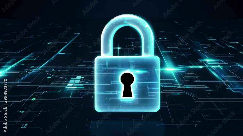 Poster A metallic padlock stands prominently against a dark background filled with glowing circuits, representing the importance of security in the digital world, especially in modern technology.