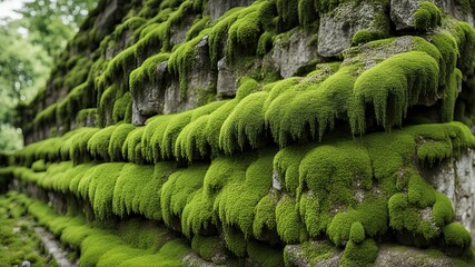 Moss grows on ancient stone walls in the park.