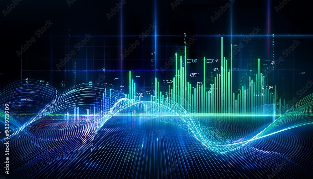 Poster abstract digital visualization with green and blue lines and grids