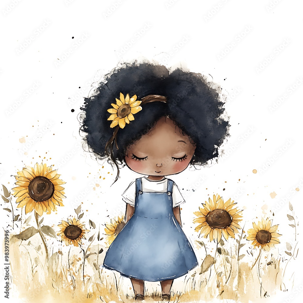 Sticker Little Girl in a Sunflower Field - Watercolor Illustration.