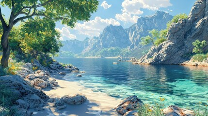 A quiet sea bay with a rocky shoreline, where the clear blue water laps softly against large stones. The rugged cliffs rise steeply in the distance, framing the calm bay. The sunlight casts long