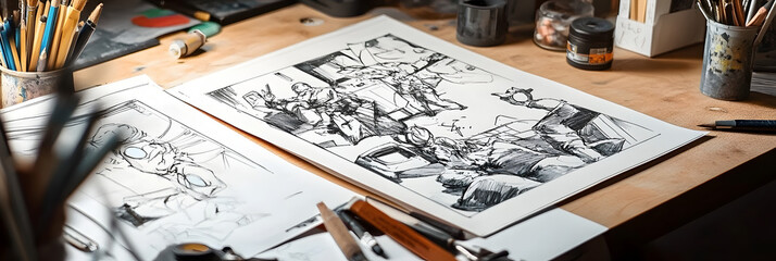 A closeup reveals a comic book under development, with pencil sketches and inked panels spread across a workspace filled with art supplies and tools