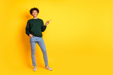 Fototapeta premium Full size photo of nice young man indicate finger empty space wear pullover isolated on yellow color background