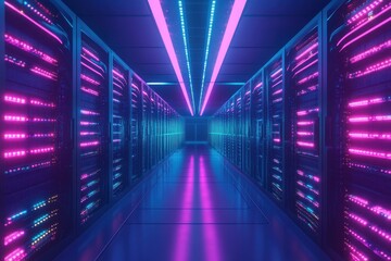 Fototapeta premium A futuristic data center with rows of glowing servers stretches into the distance.