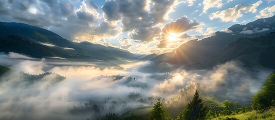 A tranquil mountain valley with rolling fog and scattered clouds, the sun breaking through and casting a soft, golden light across the misty landscape.