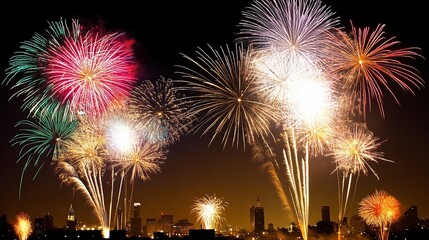 A stunning Fourth of July fireworks display lighting up the night sky over a vibrant city skyline, celebrating independence and freedom with colorful bursts of light and an electric atmosphere.