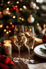 Elegant Christmas dinner table setting with red and gold decorations, candles, and greenery, set in front of a Christmas tree with glowing bokeh lights.