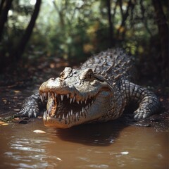 Obraz premium A lifelike 3D crocodile with its mouth slightly open, symbolizing the strength of these prehistoric creatures in zoos