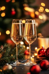 Two champagne glasses placed on a festive table decorated with Christmas ornaments and glowing lights, capturing the essence of holiday celebration.
