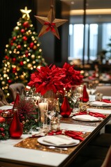 Elegant Christmas dinner table setting with red and gold decorations, candles, and greenery, set in front of a Christmas tree with glowing bokeh lights.