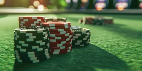Fototapeta premium A game of poker with a deck of cards and chips on the green table.