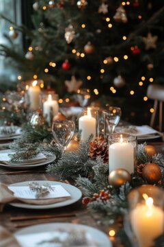 Elegant Christmas dinner table setting with red and gold decorations, candles, and greenery, set in front of a Christmas tree with glowing bokeh lights.