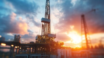 Drilling rig or oil drilling industry with connected pipeline network. Gas, petroleum or crude oil.