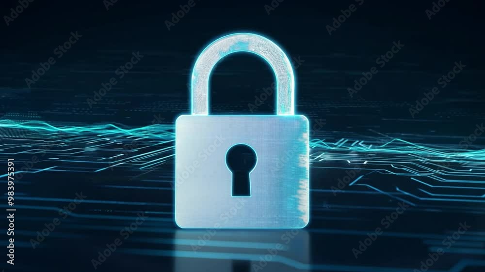 Aufkleber a metallic padlock stands prominently against a dark, digital backdrop filled with blue lines, repre