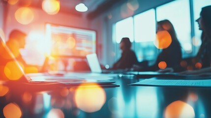 Group of professional business team having a meeting in an office room with laptops on the table on a blurred background