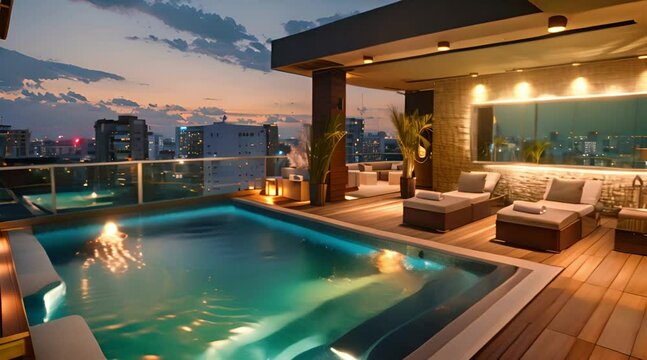Rooftop Pool with Stunning City Lights and Relaxing Loungers