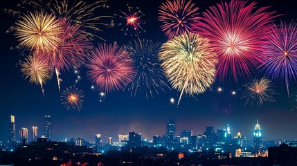 Fototapeta premium A stunning Fourth of July fireworks display lighting up the night sky over a vibrant city skyline, celebrating independence and freedom with colorful bursts of light and an electric atmosphere.