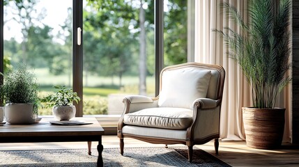 Fototapeta premium A white armchair sits in front of a large window with a view of green trees and grass.