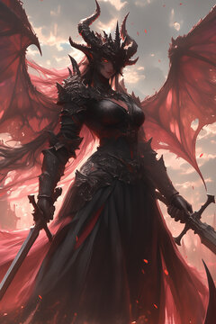 demon queen in dark spiked armor and flowing red cape, standing with swords drawn, wings outstretched, commanding flames and destruction