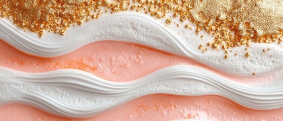 Obraz premium The cake features elegant swirls of pastel pink and white frosting, topped with shimmering gold accents, creating a stunning dessert for celebrations