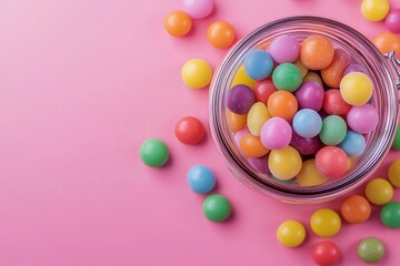 Obraz premium Colorful candies spilling out of an open jar on a pink background 