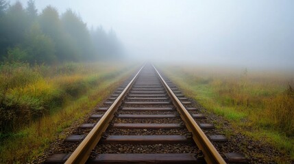 Obraz premium Single railway track stretching into the morning fog creating a sense of distance and calm in the misty landscape