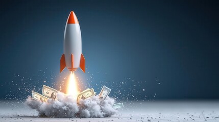 Naklejka premium Rocket launching with cash, white isolate background