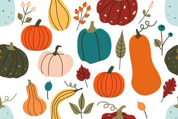 Modern abstract pumpkins seamless pattern. Autumn pumpkin texture various color and shapes flat illustration isolate on white .