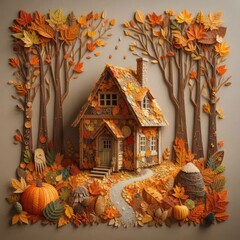 Fototapeta premium Paper Art Autumn Cabin