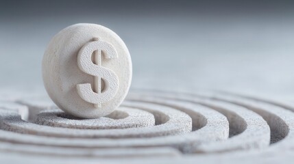 Naklejka premium Wooden dollar coin in a maze, elegant white isolated background.