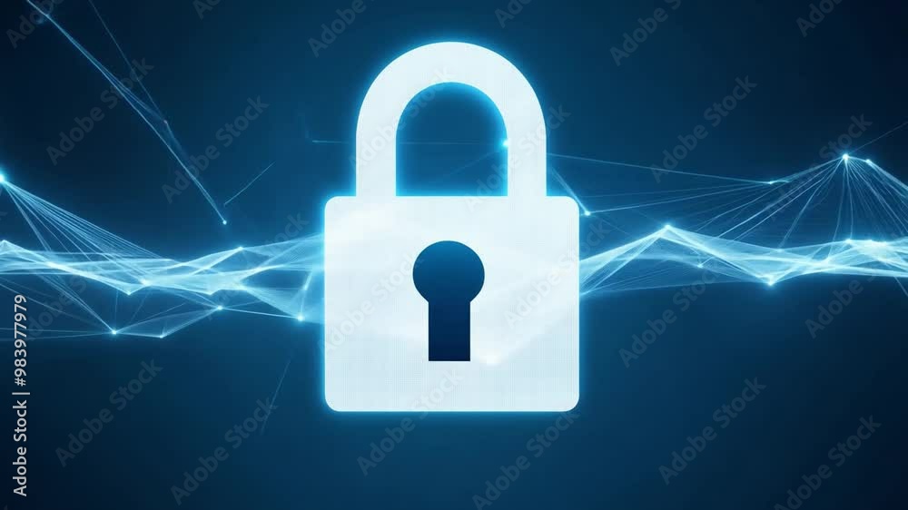 Poster a glowing padlock icon symbolizes cybersecurity and data protection, highlighting the importance of 