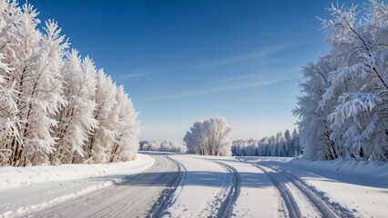 Obraz premium A serene winter landscape with snow-covered trees and a clear sky, perfect for nature, travel, or winter-themed designs.