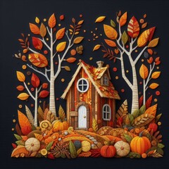 Autumn Cabin Surrounded by Leaves