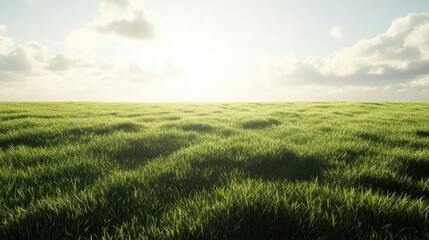 Obraz premium Green grass covering a vast open field under a soft, clear sky with gentle sunlight casting natural shadows, creating a peaceful and serene atmosphere