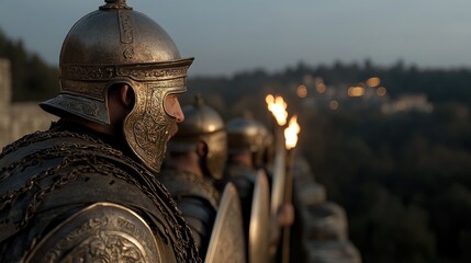 Fototapeta premium Ancient warrior: roman soldier, the strength and discipline of the Roman empire's military, clad in armor and bearing weapons, the power and influence of Rome across the ancient world