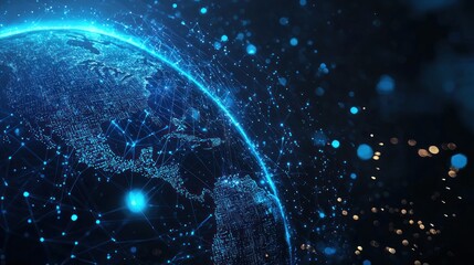 Obraz premium Abstract digital planet Earth with network connections on a blue background, a global communication and technology concept. Space view of the Earth in space. generated ai