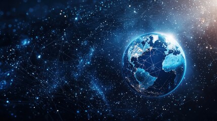 Naklejka premium Abstract digital planet Earth with network connections on a blue background, a global communication and technology concept. Space view of the Earth in space. generated ai